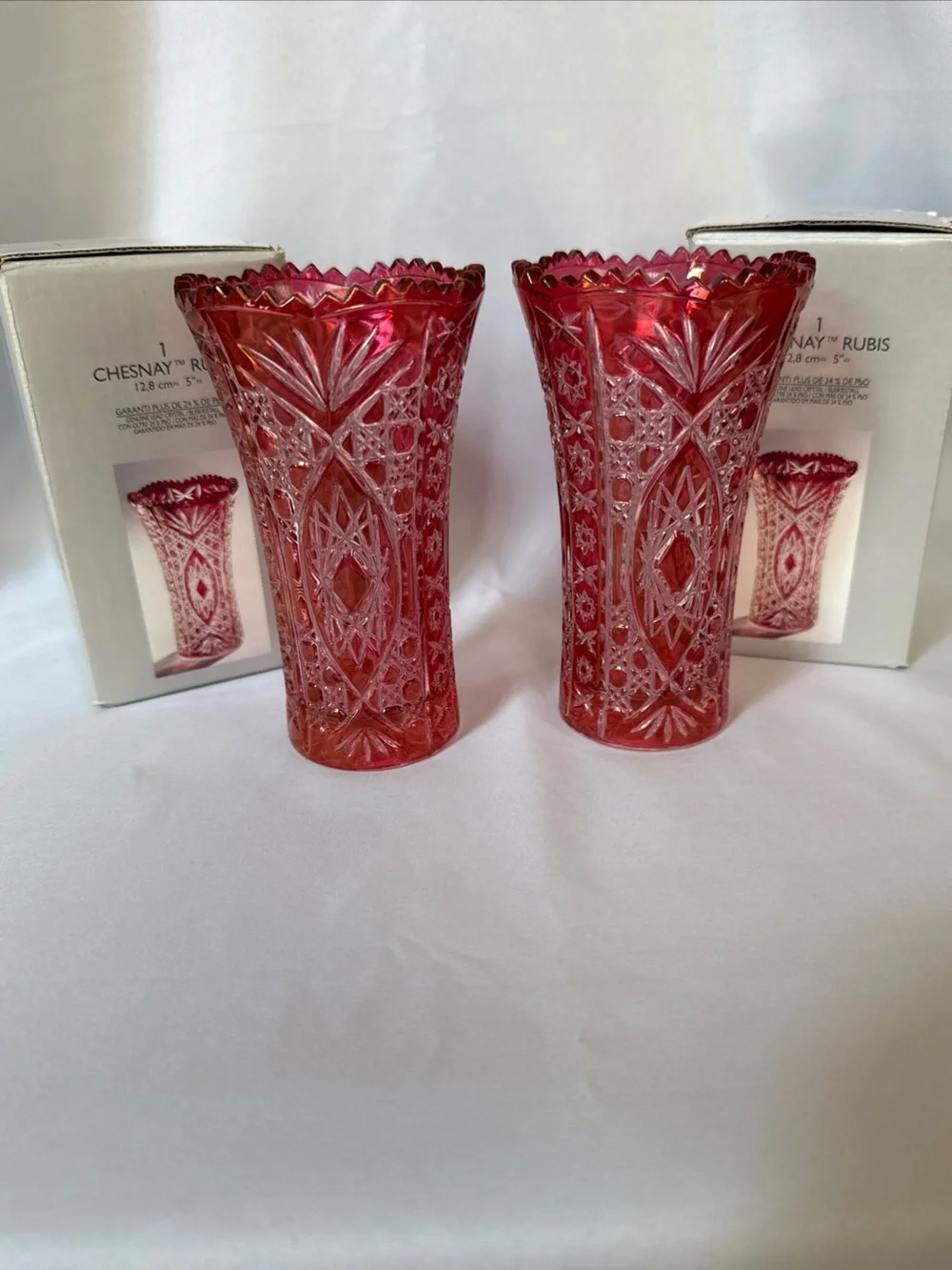 Vintage 1993 Cristal D’Arques Chesnay Rubis Cut to Clear Crystal Set of 2 Vases